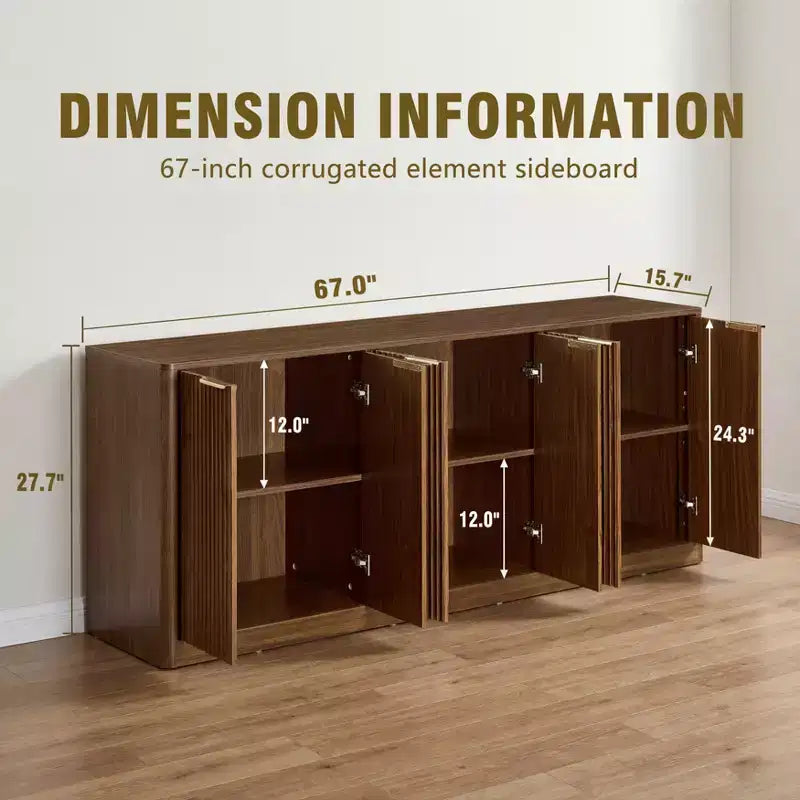 JVNOXK 67 Walnut Wave-Design Storage Cabinet with 6 Doors for Living Room & Kitchen