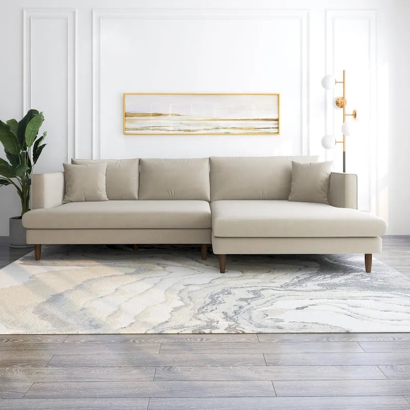 Mid-Century Modern L-Shaped Pillow Back Velvet Sectional Sofa