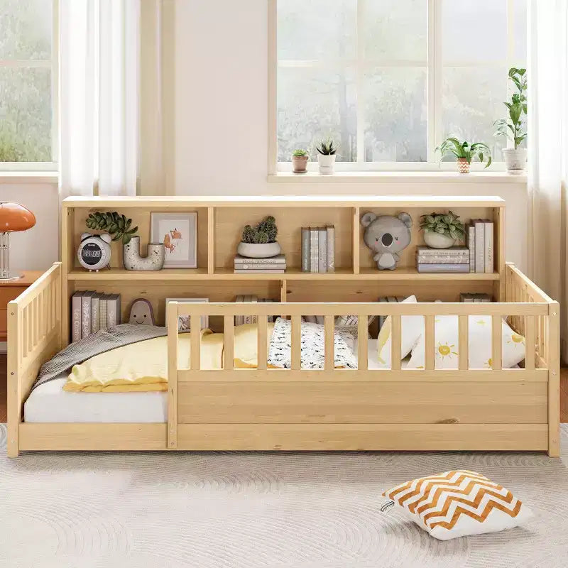 GDFStudio Cissie Modern Pinewood Guardrail Floor Bed with Side Storage