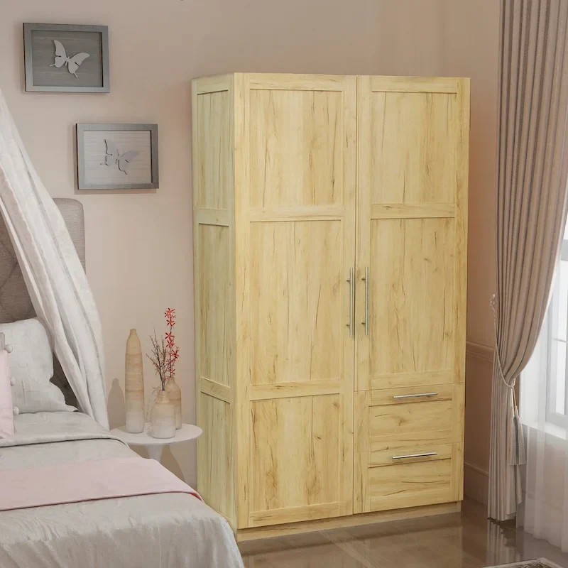 White Wood Wardrobe Armoire Storage Cabinet with Doors,Drawers,Hanging Rod