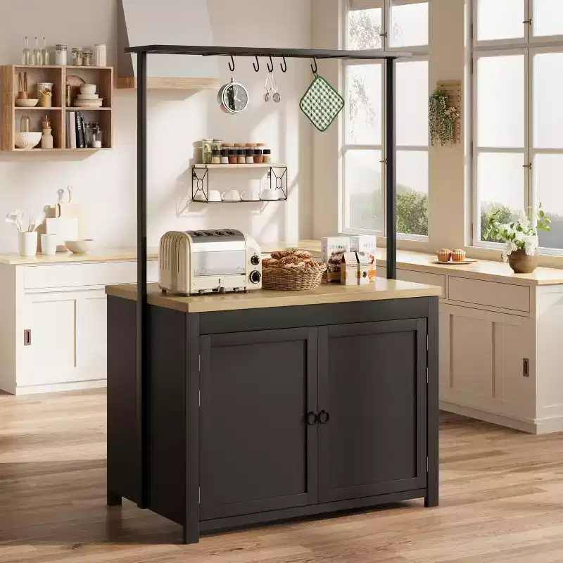 42 Black & Natural Kitchen Island with Storage Mobile Kitchen Cart with Wood Countertop, Shelves & Hooks