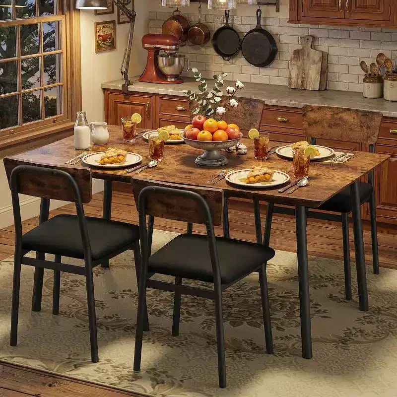 5-Piece Wood Dining Table Set for 4, Beveled Edge Design with Upholstered Chairs, Compact Kitchen Furniture for Home & Apartment