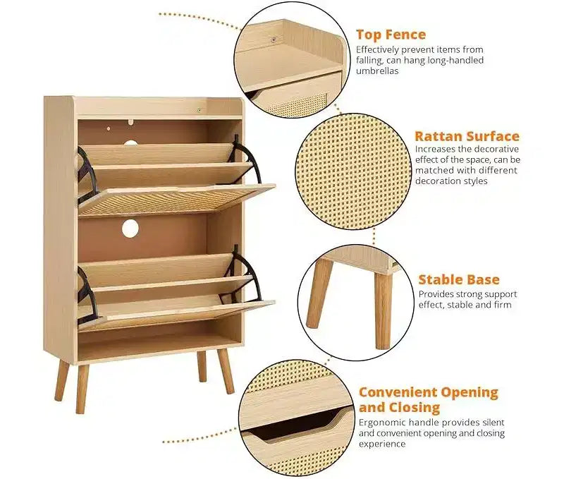 Shoe Cabinet - Hidden Shoe Storage with 2 Flip Rattan Flip-Drawer and Anti-Tip Design, Shoe Cabinet