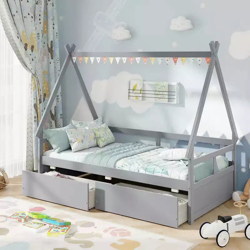 Costway Twin Size House Bed with Roof Safety Guardrail 2 Storage Drawers Wood Slat Support White/Gray