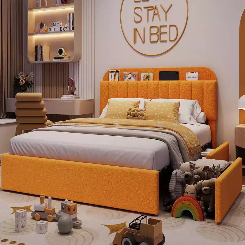 Upholstered Platform Bed with Storage Headboard and 2 Drawers – No Box Spring Needed