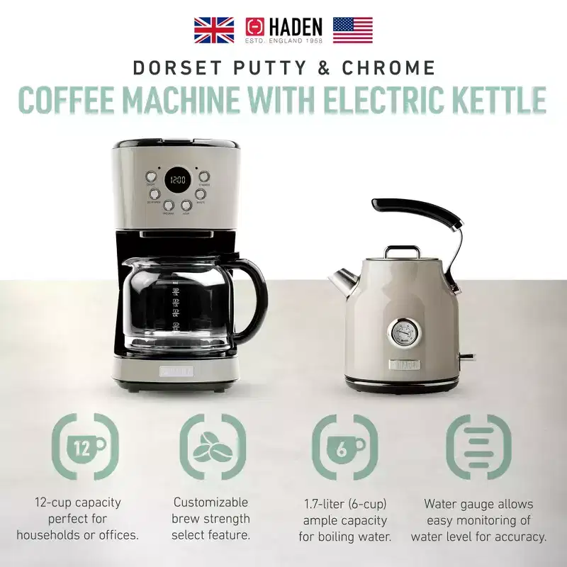 Haden Coffee Machine, 12 Cup Drip Coffee Maker Bundled with Dorset 1.7 Liter Stainless Steel Electric Hot Water Kettle, Putty & Chrome