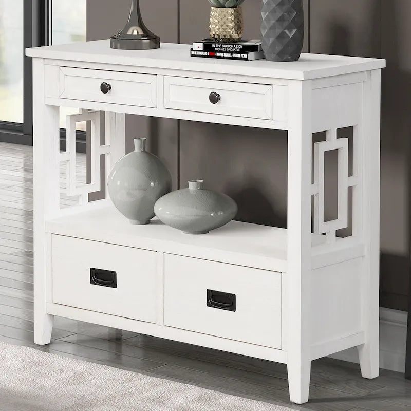 36 in. Farmhouse Pine Wood Console Table with 4 Drawers and Open Shelf