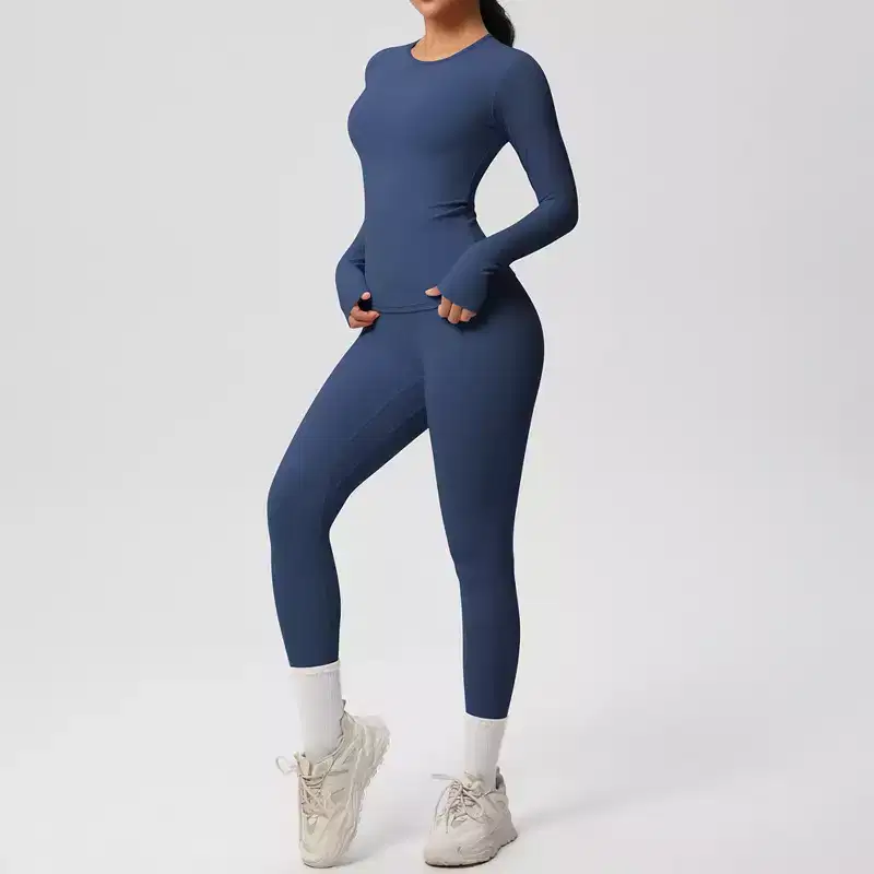 Anna-Kaci Active Women's Long Sleeve Crew Neck Top and High Waist Leggings Set with Slim Fit Design