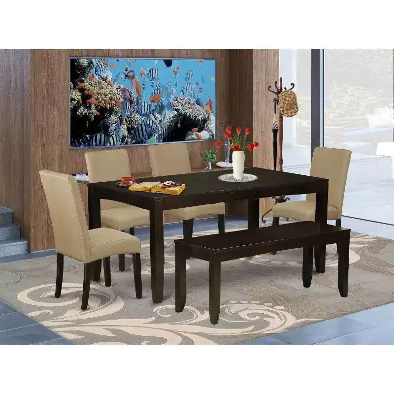 Contemporary 6Pc Dining Set - 48/60 Table, 4 Parsons Chairs & Bench - Linen Fabric, Cappuccino Finish
