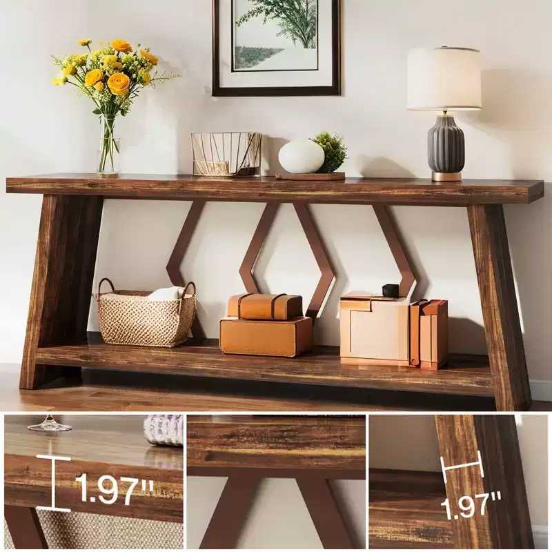 MAYEERTY 70.86 Extra Long 2-Tier Console Table, Rustic Sofa Table with Metal Frame