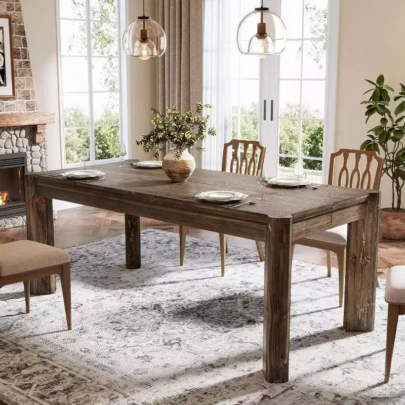 Lantine 63 Solid Wood Dining Table for 6 People, Farmhouse Kitchen Table with Heavy Duty Legs for Dining Room, Easy Assembly