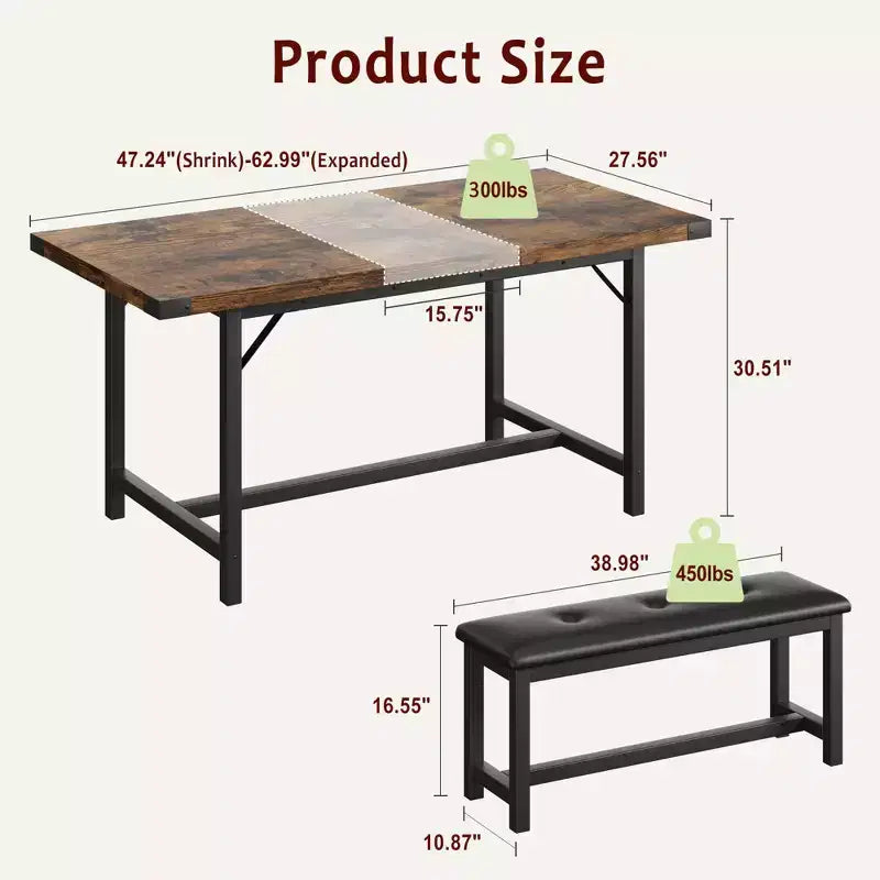 3-Piece Extendable Dining Table Set with 2 Upholstered Benches, Metal Frame Wood Dinette Set for 4C8 People, Small Space Kitchen