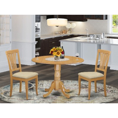 Dining Table Set with 2 Chairs, Round Dropleaf Kitchen Table, Solid Rubberwood, Saddle Brown Finish, 42x42 Inch