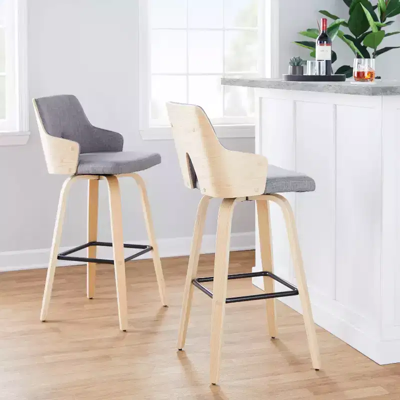 LumiSource Set of 2 Stella Barstools Natural/Light Gray/Black:: Mid-Century Modern, Swivel, Footrest, Wood Frame