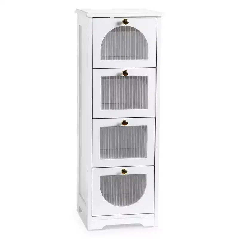 Modern Slim Bathroom Cabinet - 4 Drawer Storage with Semi See-Through Fronts, Waterproof MDF - Fits Narrow Spaces (33.1H) Easy Assembly