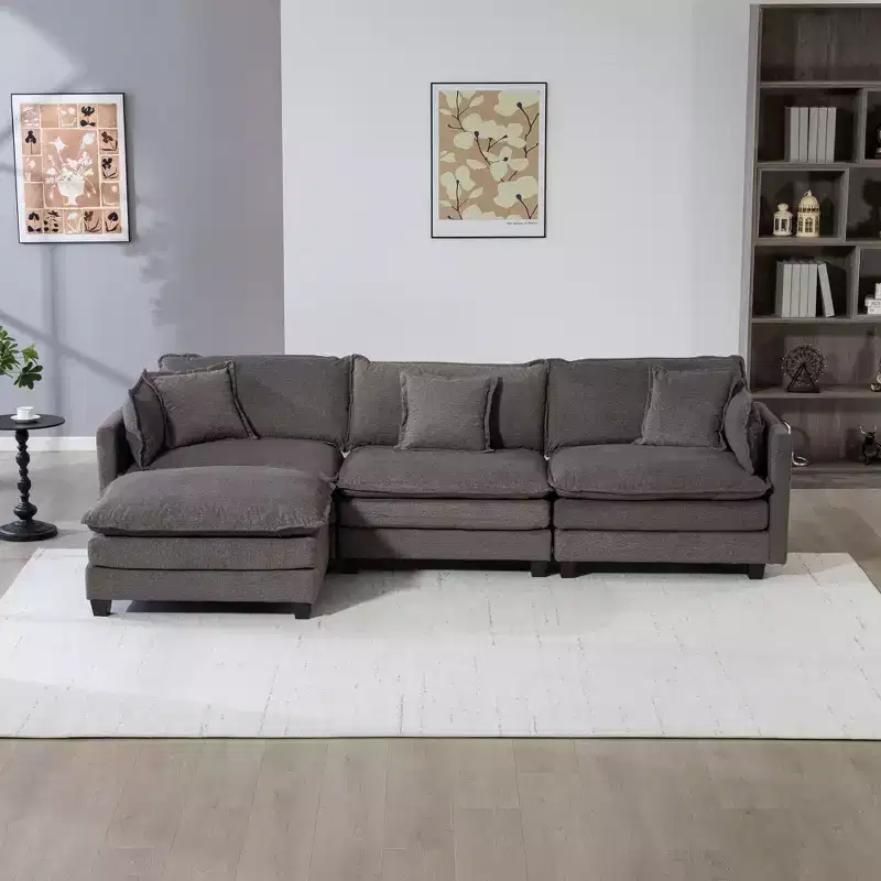 GDFStudio Fairmont 113.77 3-Seat Modular Chenille Upholstered Sectional Sofa with Ottoman and Waist Pillows