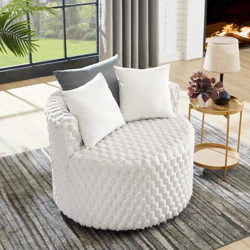 Off White 3D Upholstered Barrel Accent Chair with Wheels