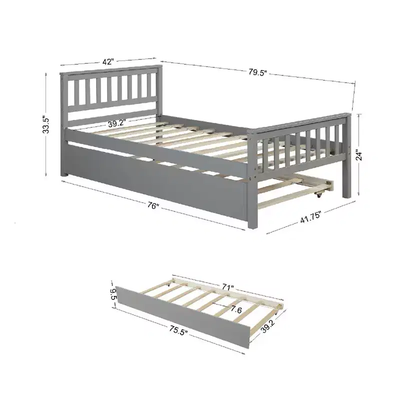 Twin Bed with Trundle, Solid Wood Platform Bed Frame with Headboard, No Box Spring Needed