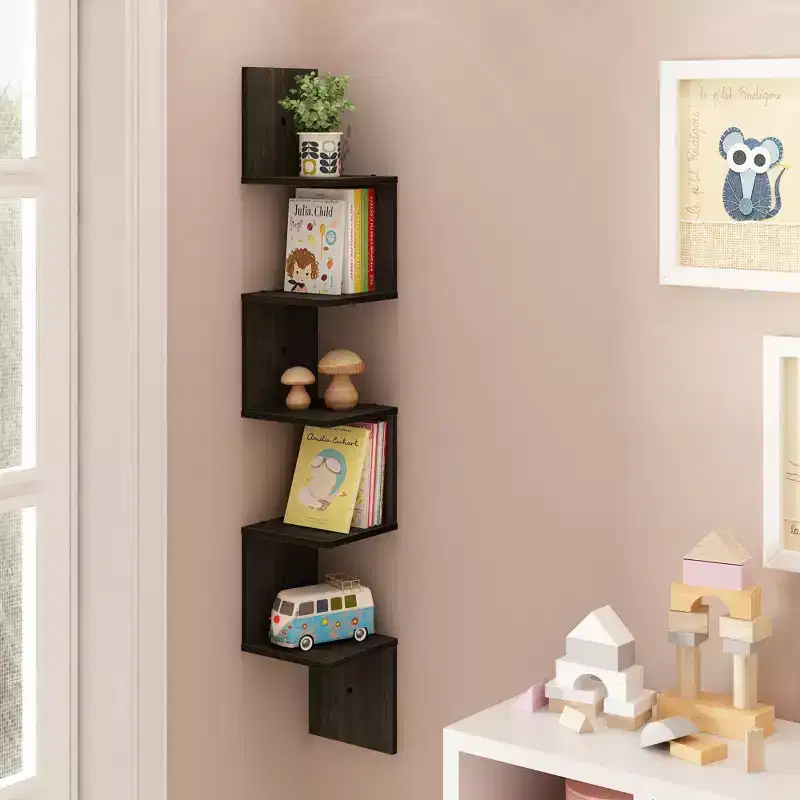 Furinno 5-Tier S-Shaped Bookshelf Corner Storage Display Bookcase,Espresso