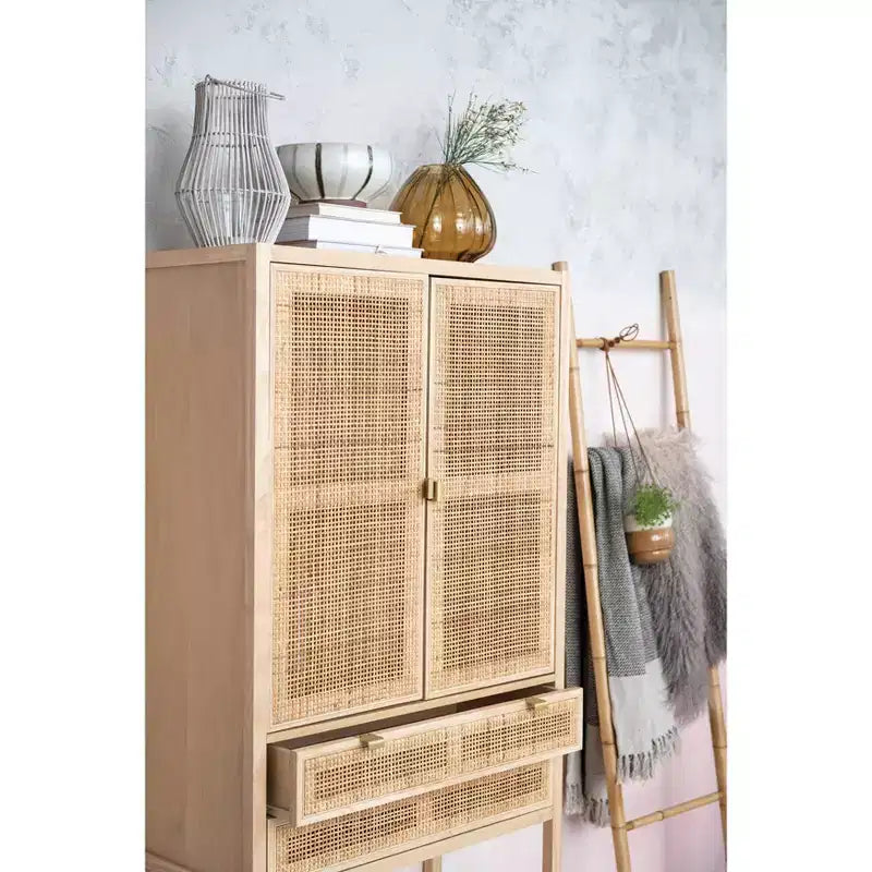 Storied Home Nero 67" Tall Decorative Storage Cabinet Natural: Beechwood & MDF, Fixed Shelf, 2 Drawers
