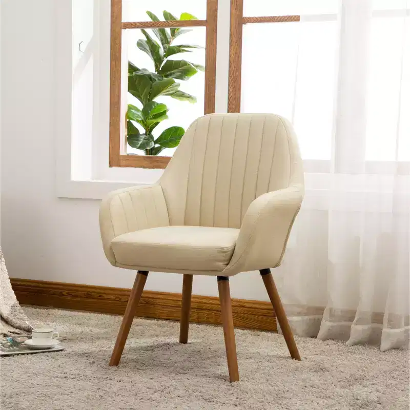 Contemporary Fabric Accent Chair, Tan Polyester Upholstery, Solid Wood Legs