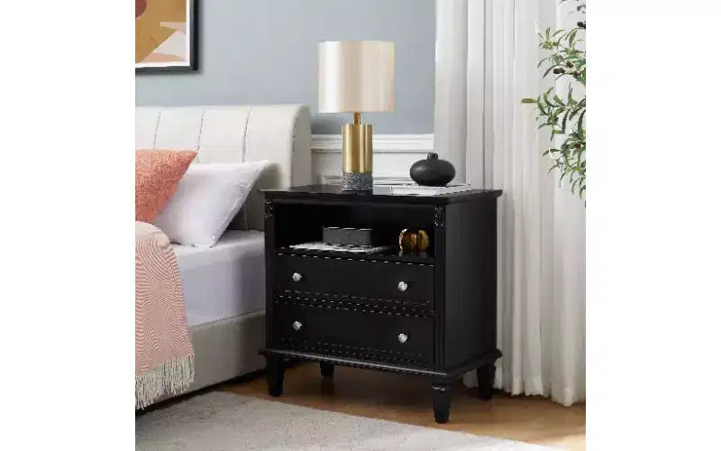 TUYOHW Mid-Century Modern Nightstand with Charging Station, Vintage 2-Drawer Small Side Table with Open Storage, Fluted Pilasters End Table