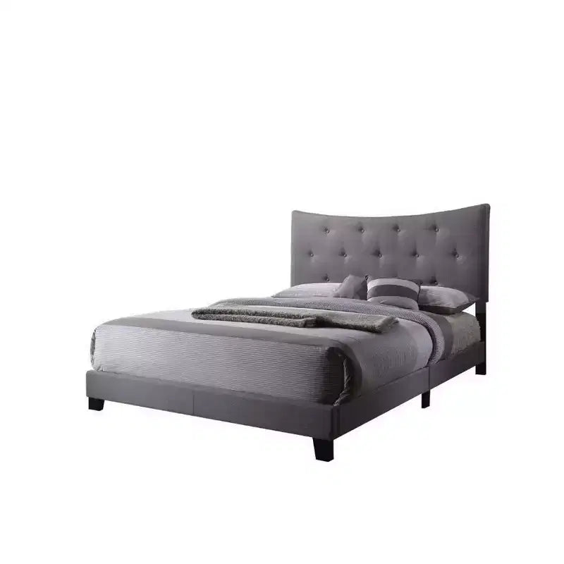 Contemporary Upholstered Queen Platform Bed, Grey Fabric, Button Tufted Headboard, No Box Spring