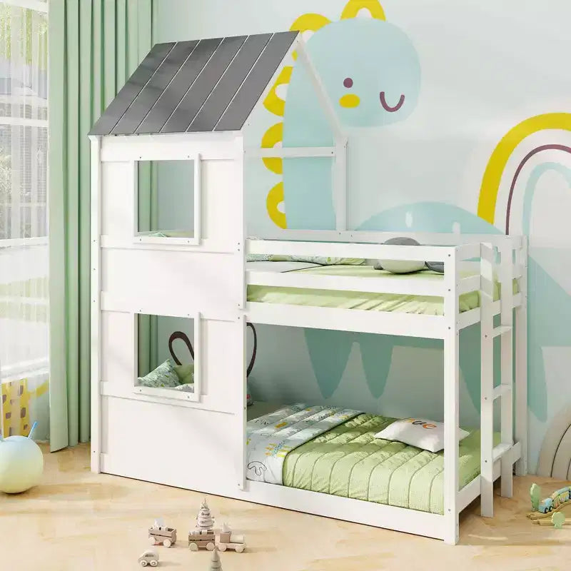 Costway House Bunk Bed Twin Over Twin with Built in Ladder Window& Safety Guardrail