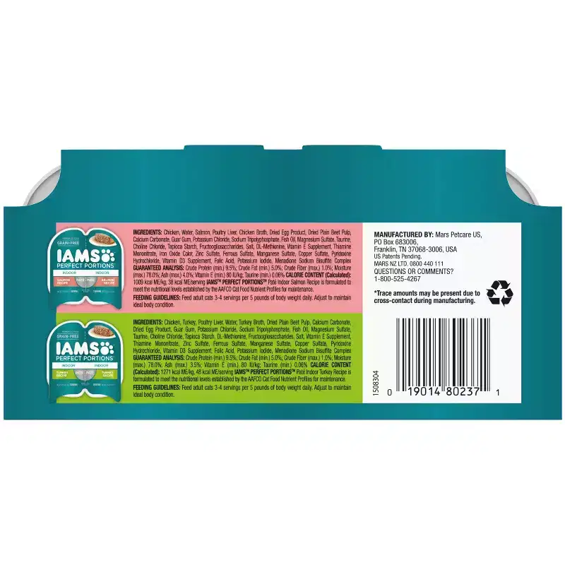 IAMS Perfect Portions Grain Free Indoor Paté Salmon & Turkey Recipes Premium Wet Cat Food - 2.6oz/12ct Variety Pack