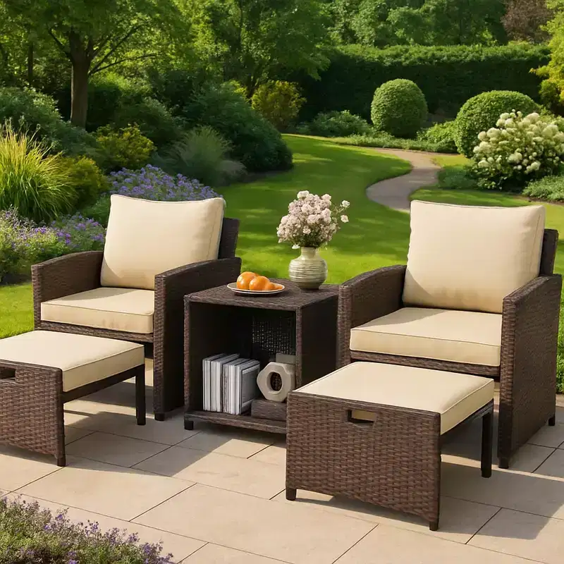 Gustowave 5-Piece Patio Lounge Chair Set With 2 Footstools And Table With Cushions For Balcony, Porch, Garden, And Poolside Lounging