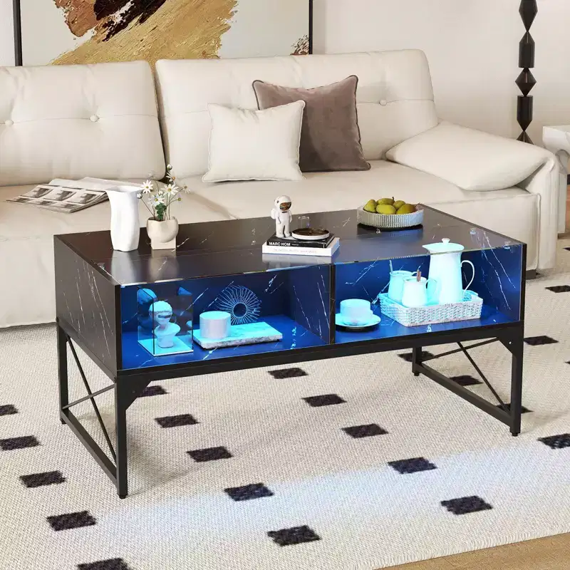 LED Coffee Table with 4 Storage Cubes, Faux Marble & Tempered Glass Top for Living Room, Black