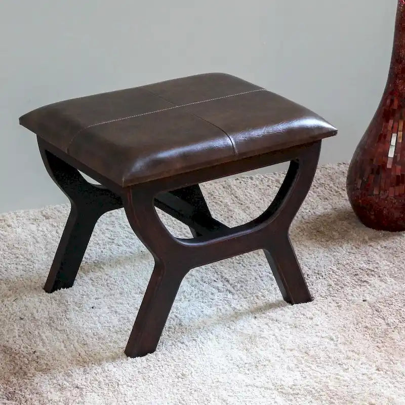 Rectangular Vanity Stool, Faux Leather Upholstery, Dark Brown Finish, 4-Leg Frame