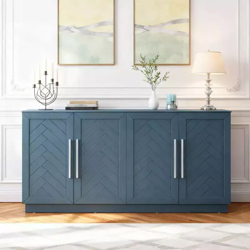 Hostack Sideboard Cabinet with Adjustable Shelves and Silver Handles for Dining & Living Room, Antique Blue