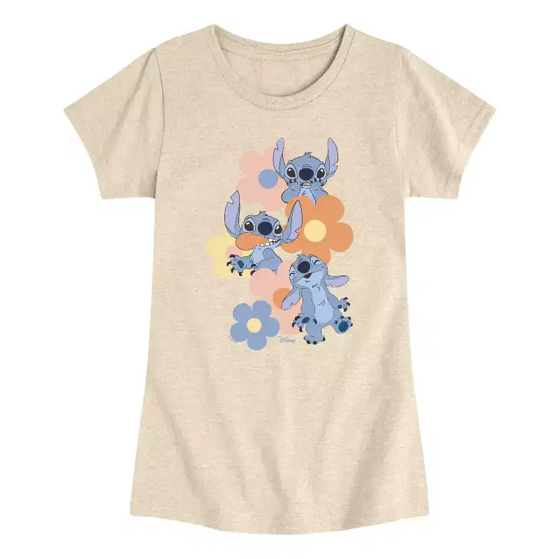 Girls' - Disney - Stitch Pop Flowers Fitted Short Sleeve Graphic T-Shirt