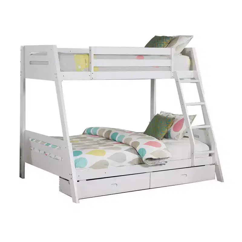 Royal Hamton Twin Over Full Bunk Bed with Ladder, 2 Drawers, White Solid Wood