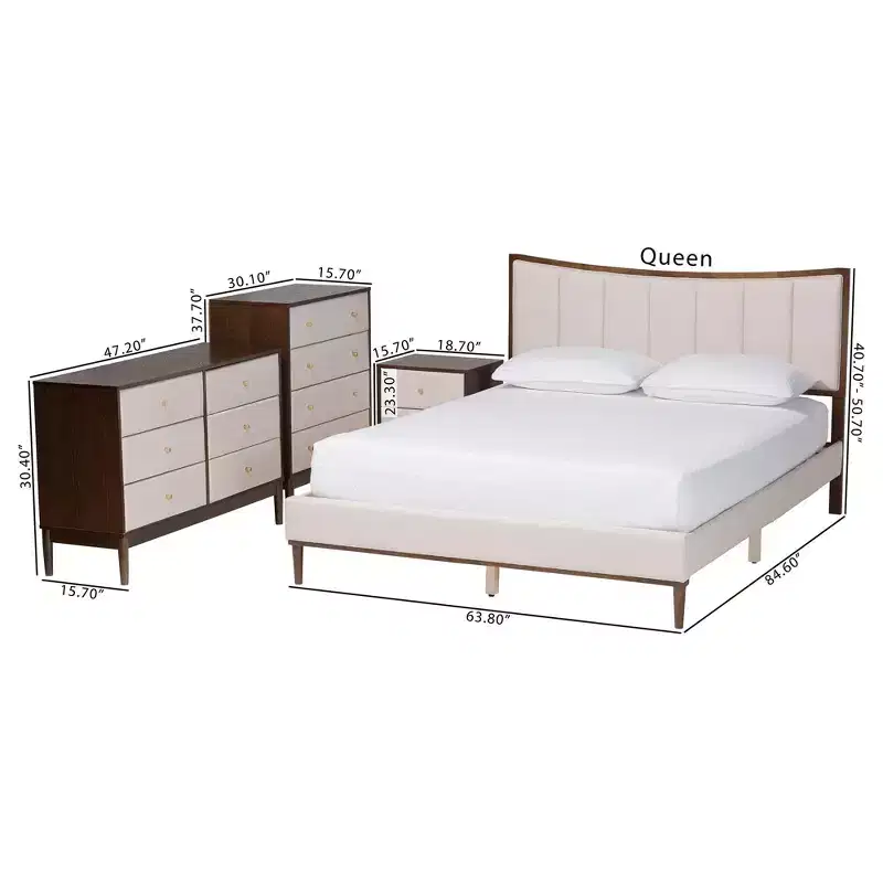 Baxton Studio Nikolai Mid-Century Channel Tufted Beige Fabric and Wenge Brown Wood 4-Piece Queen Bedroom Set