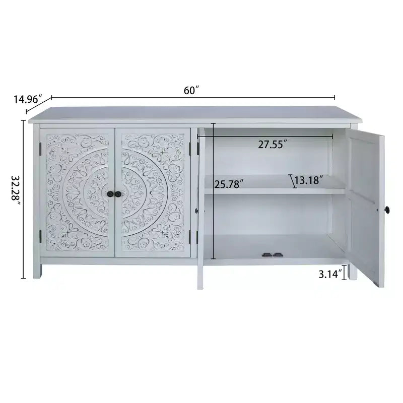 60in Sideboard Pantry Cabinet, Rustic Wood Accent Storage Cabinet with 4 Doors, Versatile Buffet Cabinet for Home Decor and Organization White