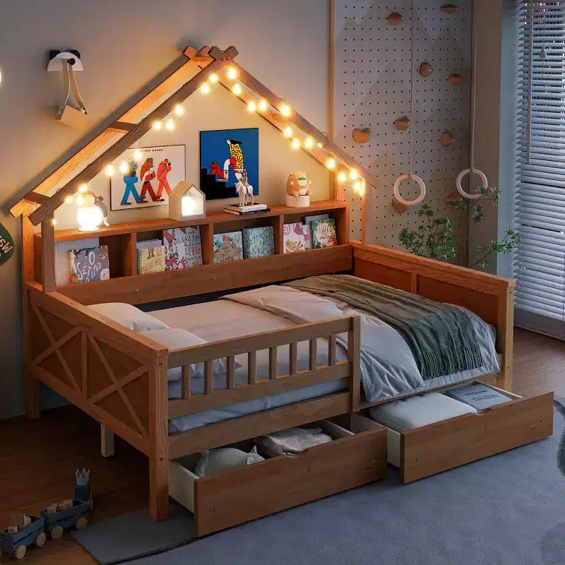 Full Size House-Shaped Kids Platform Bed with LED Lights & Storage Drawers