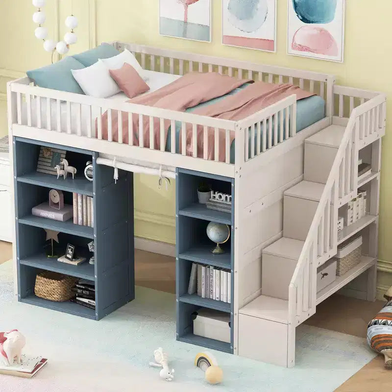 Full Size Loft Bed with Storage Cabinets & Curtain - White and Blue