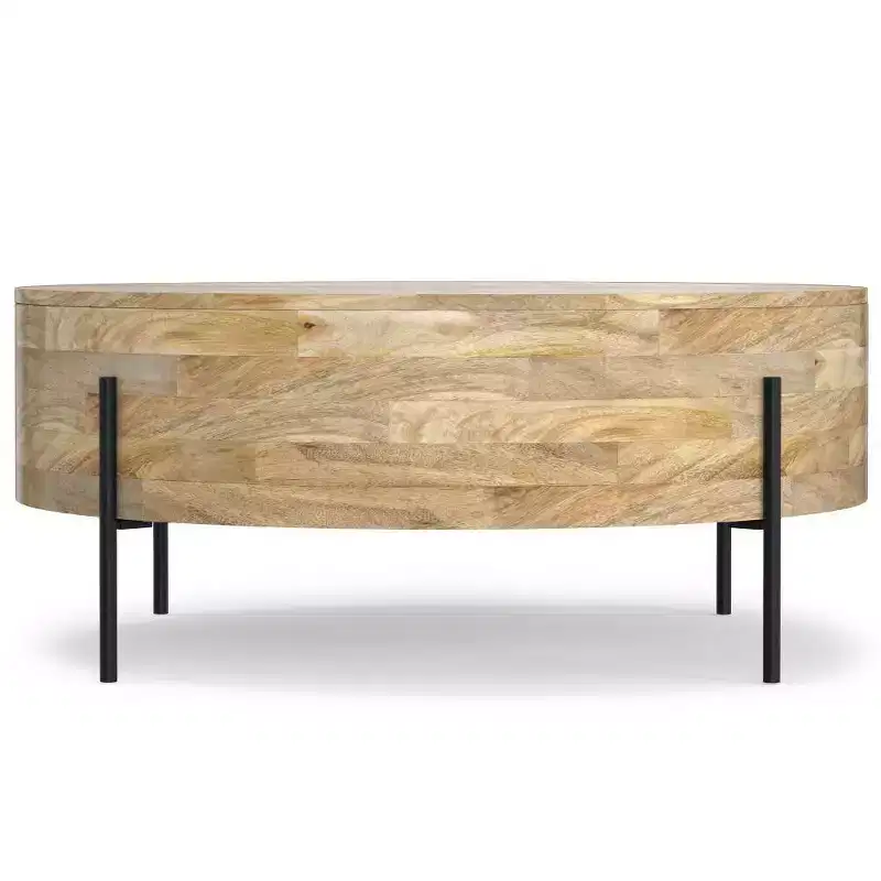 WyndenHall Farmington Drum Coffee Table Natural : Modern Industrial Style, Mango Wood & Iron, 38