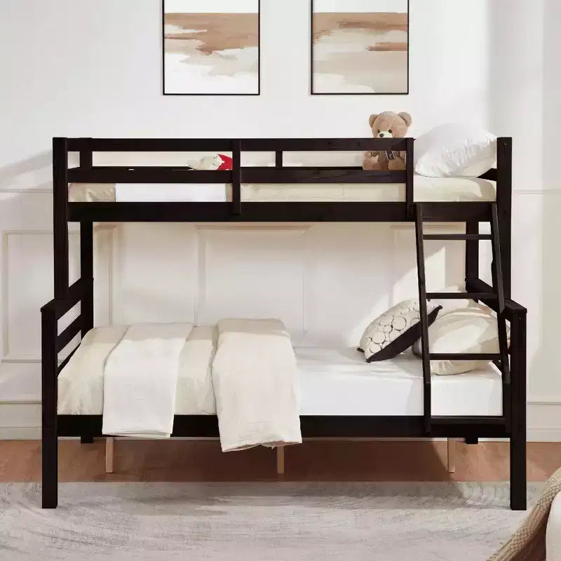 MAYEERTY Twin over Full Bunk Bed with Ladder, Wooden Bed Frame with High Guardrail for Kids, No Box Spring Needed