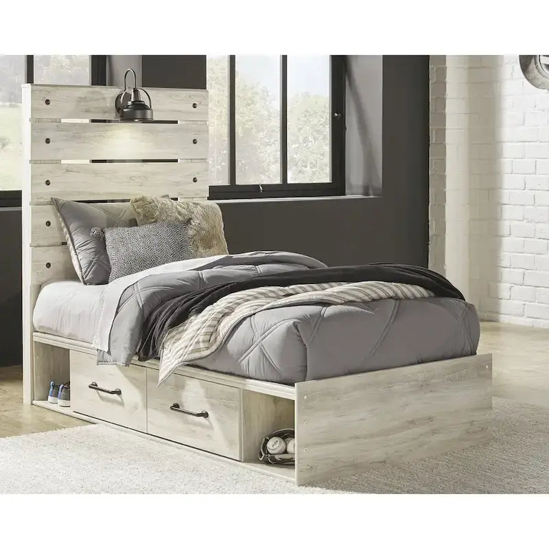 Whitewash Panel Bed With 2 Under Bed Storage Drawers