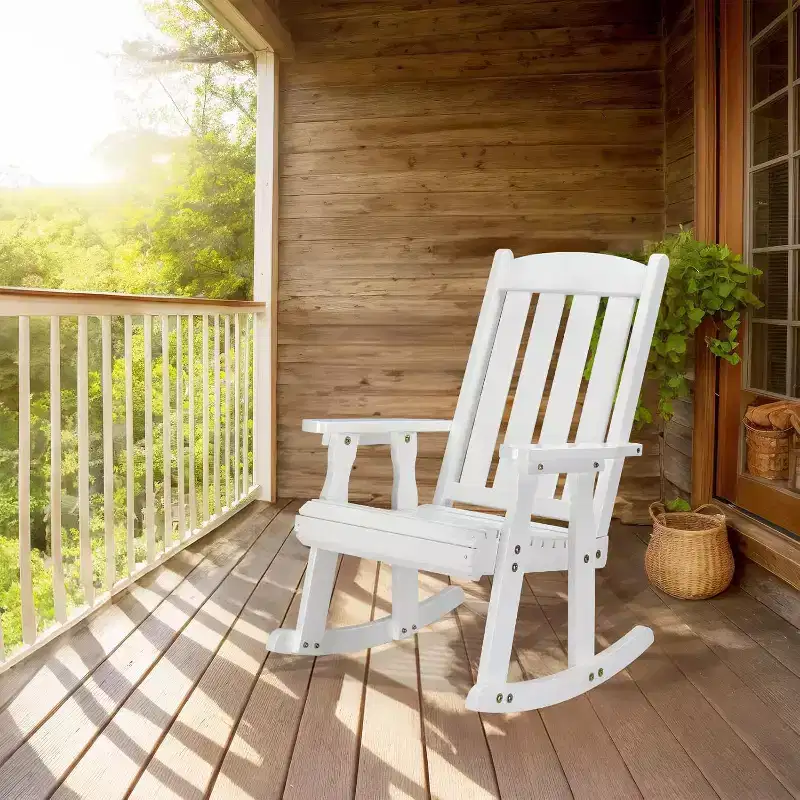 VINGLI Heavy Duty 600 LBS Outdoor Wooden Rocking Chair with Higher Backrest,Patio Rocking Chair with Ergonomic Design, White
