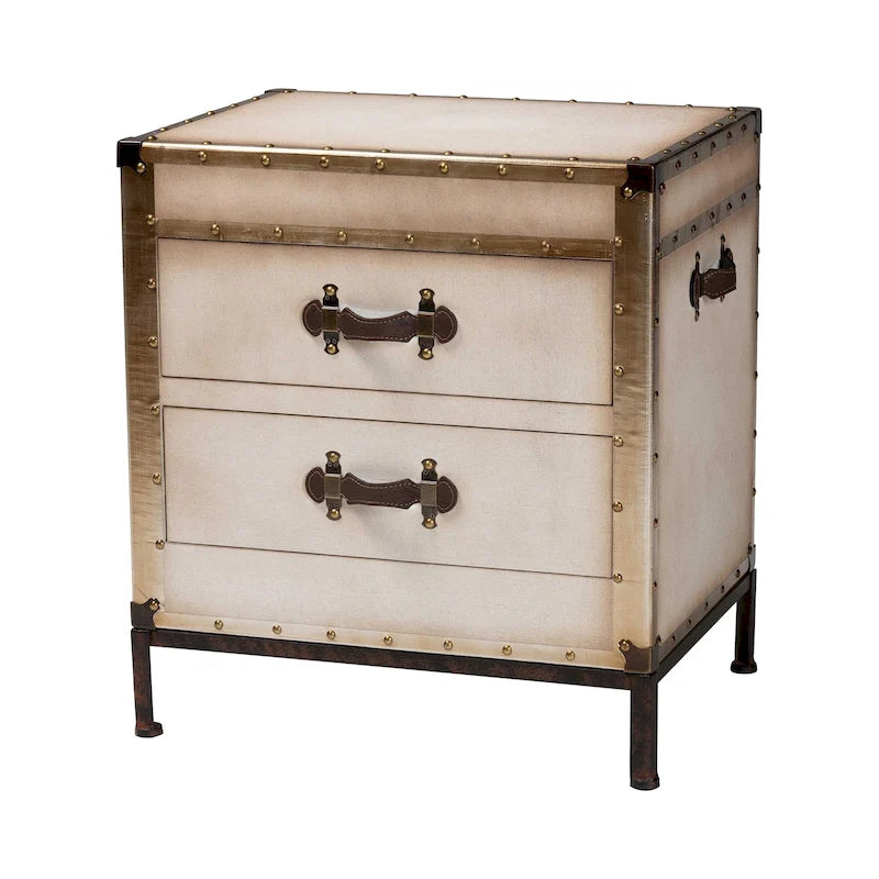 Vintage Canvas End Table Trunk with 2 Drawers