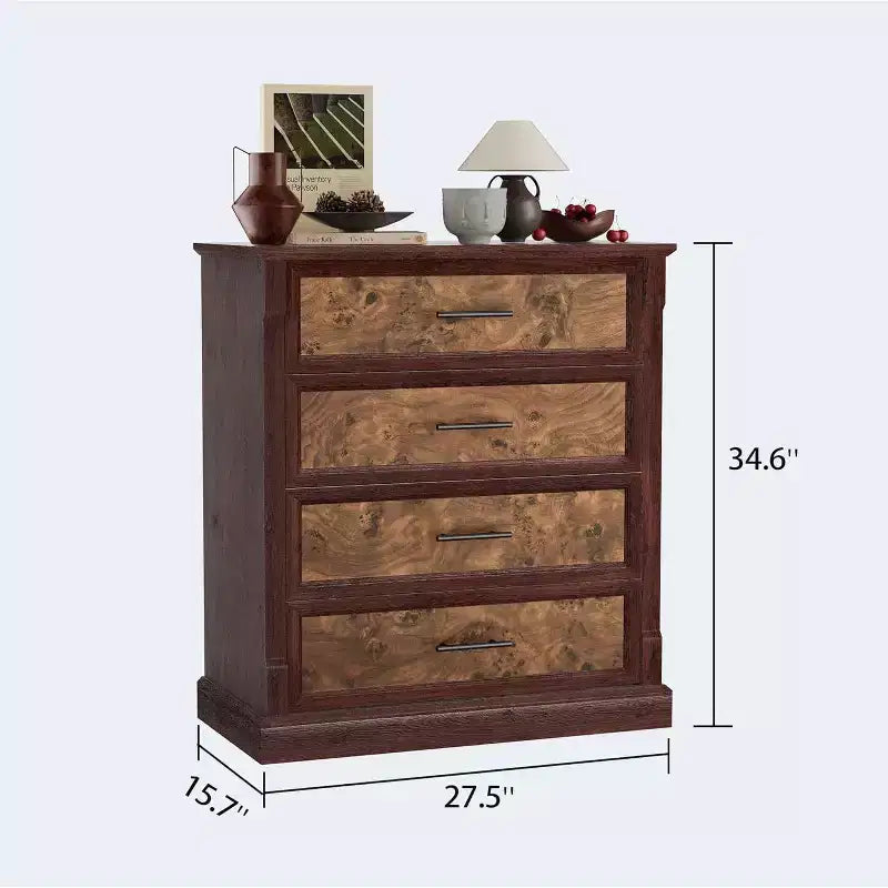 Farmhouse Tall 4-Drawer Dresser, Rustic Wood Chest with Metal Handles, Storage Cabinet for Bedroom, Living Room, Hall