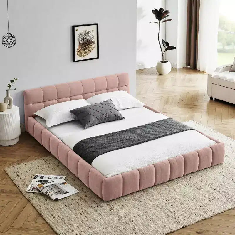 Queen Size Upholstered Bed Frame with Thick Fabric & Headboard, Solid Frame for Bedroom, Pink