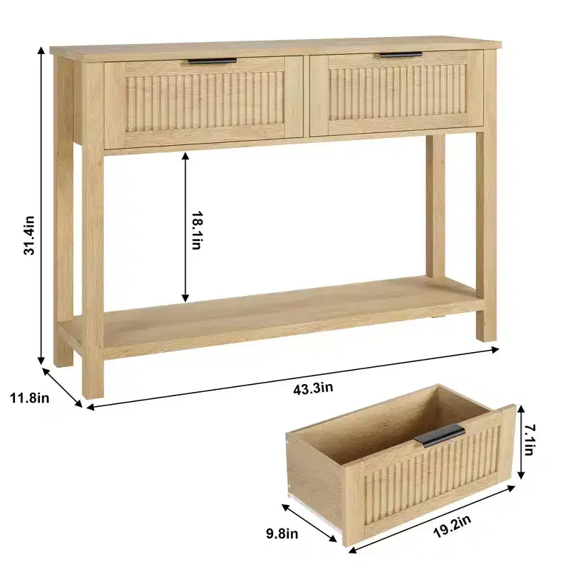 COZONY 43 Fluted Console Table with Burlywood 2 Drawers, 2-Tier Wooden Entryway Sofa Table