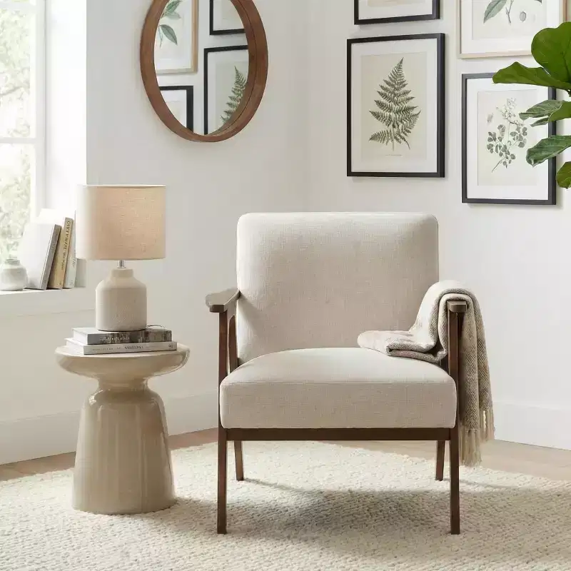 GDFStudio Bennett Mid-Century Modern Rubberwood Frame Fabric Upholstered Accent Chair