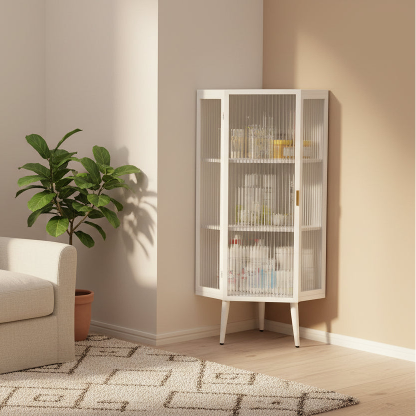 Floor Corner Cabinet, 3 Tiers with Tempered Glass Doors and Storage Shelves