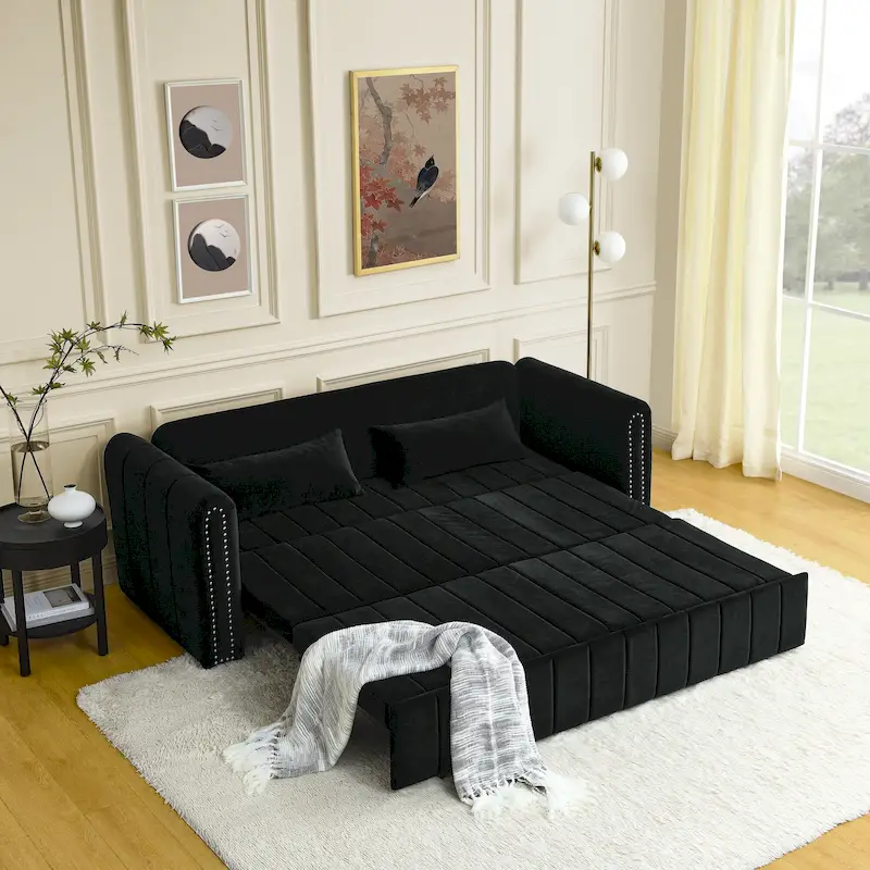 Modern 68 Foam 3 in 1 Pull-Out 3-seaters Bed Sleeper Sofa with Copper Nails and Two Drawers